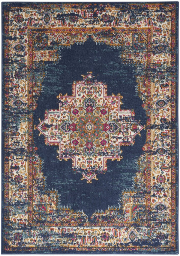 HomeRoots 8' Navy Blue Floral Area Rug - Distressed Power Loom Construction for Timeless Style & Comfort 8' X 10' 522559