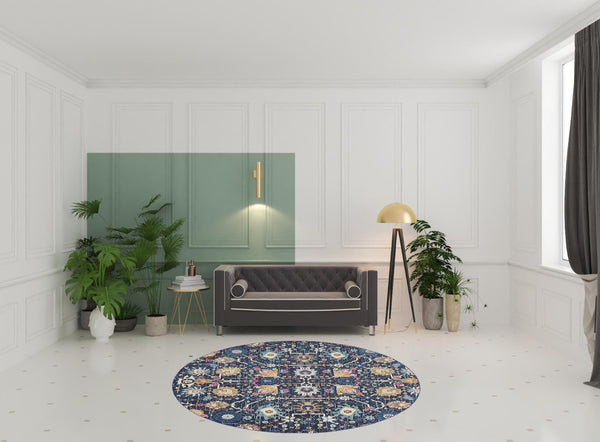 HomeRoots 8' Navy Blue Round Floral Power Loom Area Rug - Durable, Elegant Design for Any Living Space Décor 522563