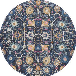 HomeRoots 8' Navy Blue Round Floral Power Loom Area Rug - Durable, Elegant Design for Any Living Space Décor 522563