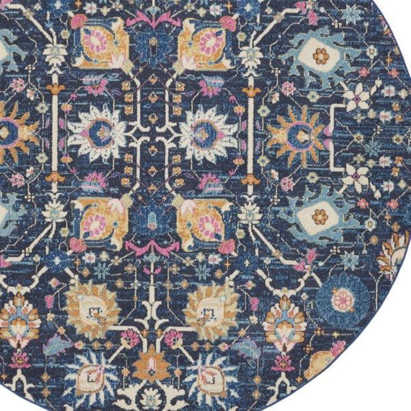 HomeRoots 8' Navy Blue Round Floral Power Loom Area Rug - Durable, Elegant Design for Any Living Space Décor 522563