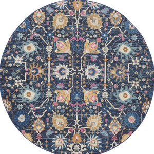 HomeRoots 8' Navy Blue Round Floral Power Loom Area Rug - Durable, Elegant Design for Any Living Space Décor 522563