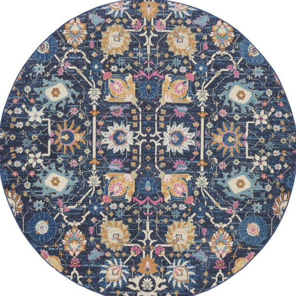 HomeRoots 8' Navy Blue Round Floral Power Loom Area Rug - Durable, Elegant Design for Any Living Space Décor 522563