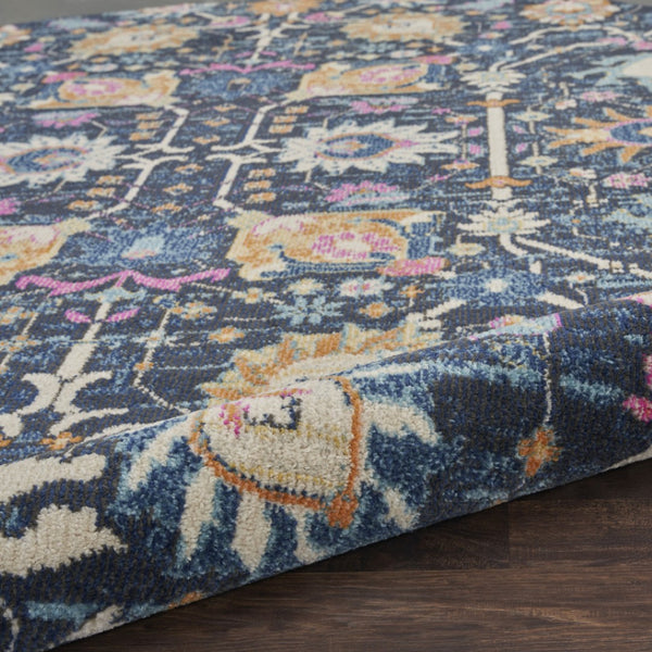 HomeRoots 8' Navy Blue Round Floral Power Loom Area Rug - Durable, Elegant Design for Any Living Space Décor 522563