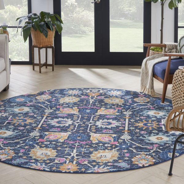 HomeRoots 8' Navy Blue Round Floral Power Loom Area Rug - Durable, Elegant Design for Any Living Space Décor 522563