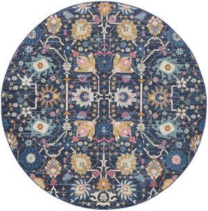 HomeRoots 8' Navy Blue Round Floral Power Loom Area Rug - Durable, Elegant Design for Any Living Space Décor 522563