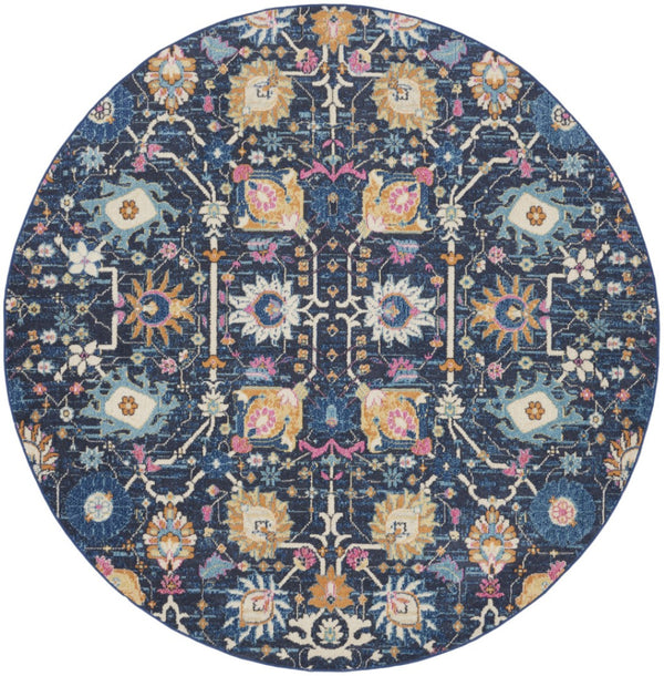 HomeRoots 8' Navy Blue Round Floral Power Loom Area Rug - Durable, Elegant Design for Any Living Space Décor 522563