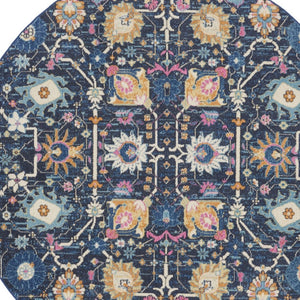 HomeRoots 8' Navy Blue Round Floral Power Loom Area Rug - Durable, Elegant Design for Any Living Space Décor 522563