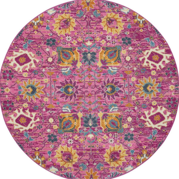 HomeRoots 9' Pink Floral Power Loom Area Rug - Durable, Soft, and Stylish for Living Rooms, Bedrooms, and More 8' Round Round 522575
