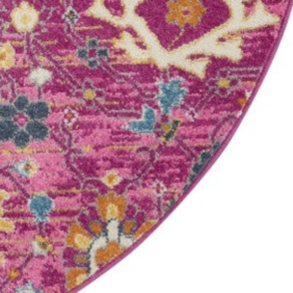 HomeRoots 9' Pink Floral Power Loom Area Rug - Durable, Soft, and Stylish for Living Rooms, Bedrooms, and More 8' Round Round 522575