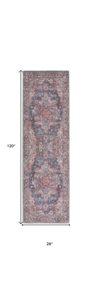 Homeroots 10' Red Floral Power Loom Distressed Washable Runner Rug  Polyester 522581