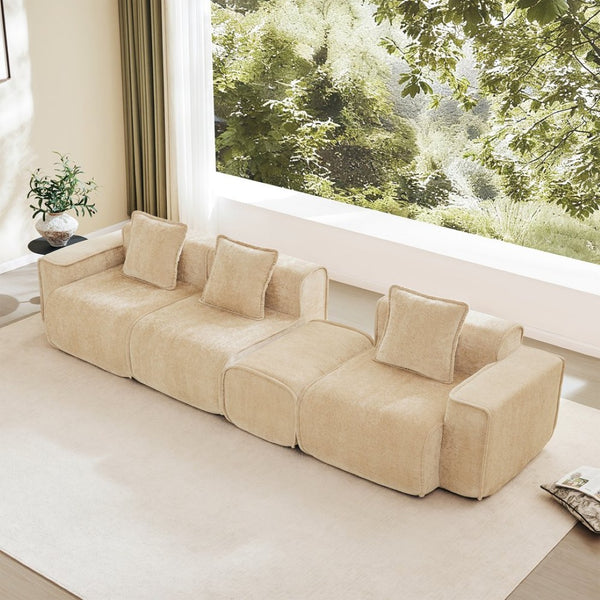 English Elm Streamlined Velvet L-shaped Sectional Sofa with Ottoman and Cloud Cushion Living Room Light Camel W3041S00352