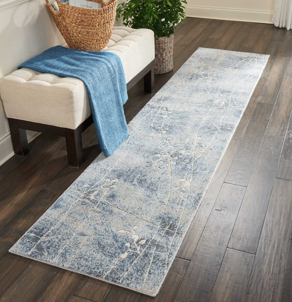 HomeRoots 10' Blue Floral Power Loom Runner Rug – Elegant, Durable Design for Hallways & Living Spaces, Easy Care 522610