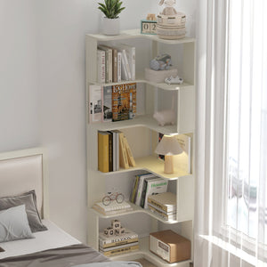 English Elm 6 Tier Freestanding L-Shaped Corner Bookshelf with Anti-Tip, Rounded Corners, 3D Wood Grain Finish White Oak W2899P372515