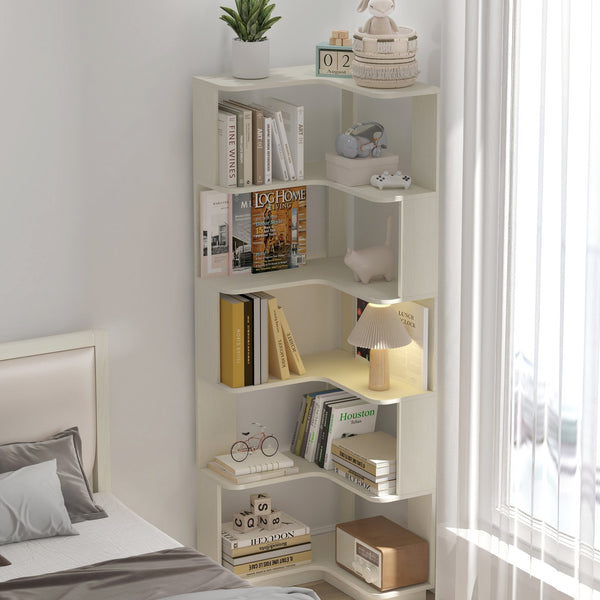 English Elm 6 Tier Freestanding L-Shaped Corner Bookshelf with Anti-Tip, Rounded Corners, 3D Wood Grain Finish White Oak W2899P372515