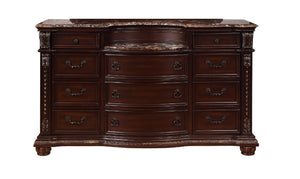 English Elm 1pc Marble Top Five Drawers Tall Chest with Intricate Moldings, Curved Silhouette & Antiqued Hardware Brown,Cherry 71.5 L x 25 W x 42.25 H B2741P366084
