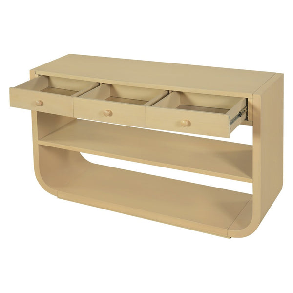 English Elm [video] Sculptural Console Table Pine Wood Curved Legs Soft-close Drawers Open Shelving Entryway Natural N759P433560N