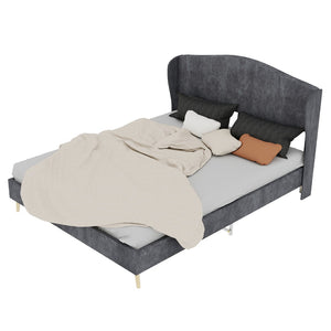 English Elm Velvet Tufted Queen Platform Bed Diamond Headboard for Elegant Master Bedroom Grey W1935P361019