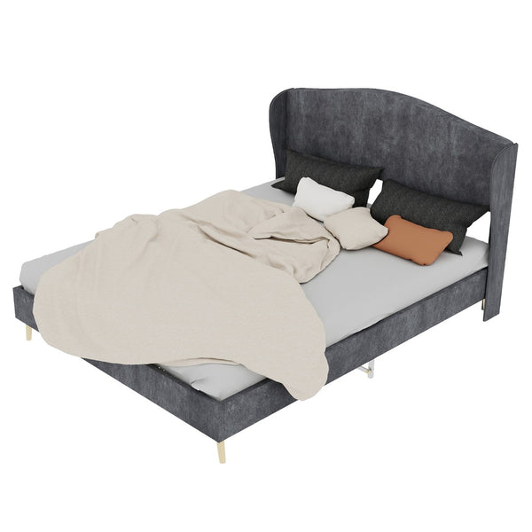 English Elm Velvet Tufted Queen Platform Bed Diamond Headboard for Elegant Master Bedroom Grey W1935P361019