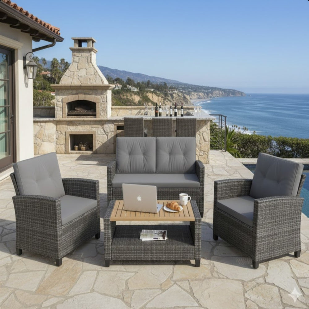 English Elm 4-piece Wicker Outdoor Conversation Set with Acacia Wood Table and Foam Cushions Grey+Brown B082S00062