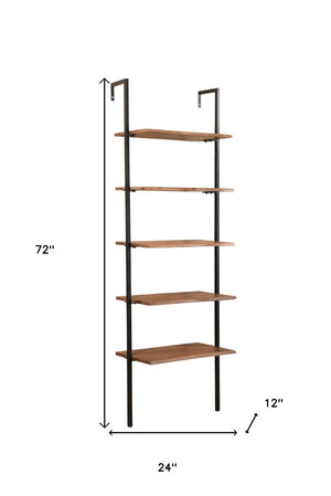 HomeRoots 72" Stylish Brown Metal and Solid Wood Ladder Bookcase - Five-Tier Storage for Any Room Decor 522816