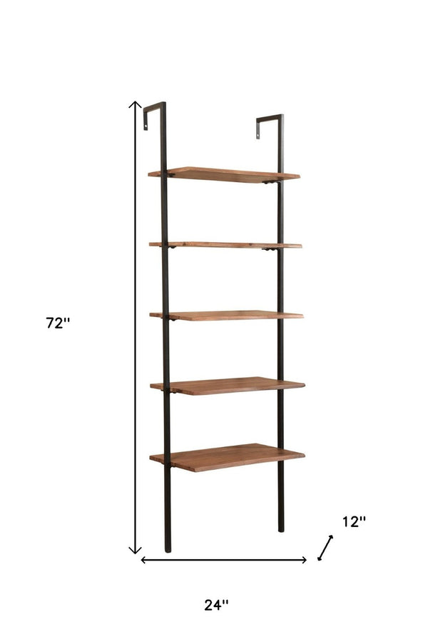 HomeRoots 72" Stylish Brown Metal and Solid Wood Ladder Bookcase - Five-Tier Storage for Any Room Decor 522816