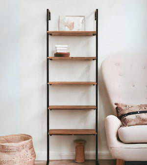 HomeRoots 72" Stylish Brown Metal and Solid Wood Ladder Bookcase - Five-Tier Storage for Any Room Decor 522816