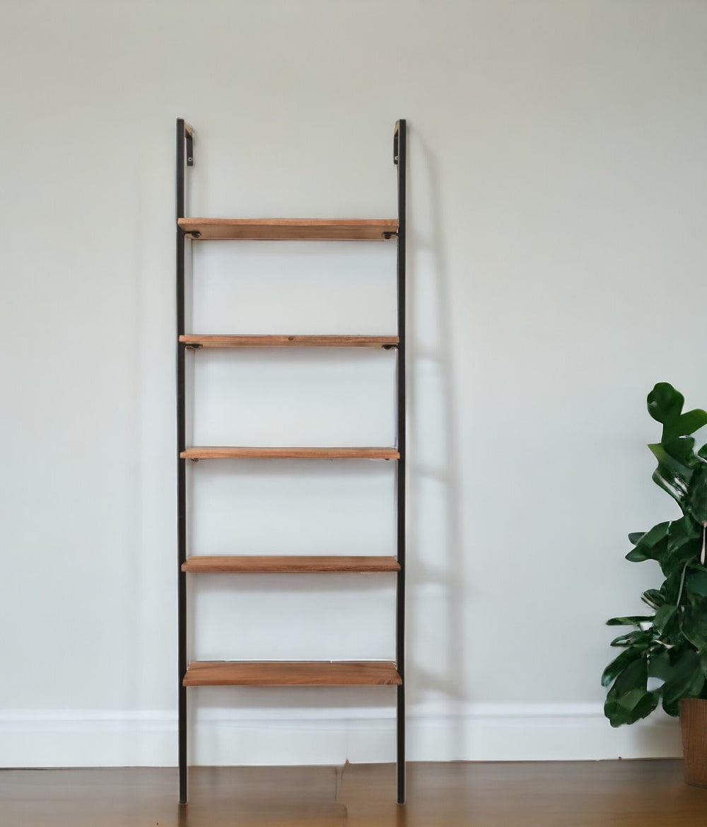 HomeRoots 72" Stylish Brown Metal and Solid Wood Ladder Bookcase - Five-Tier Storage for Any Room Decor 522816