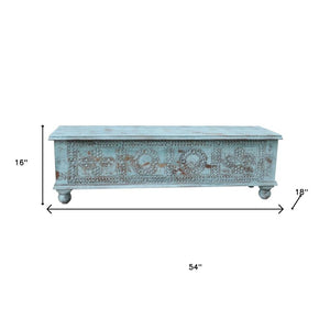 HomeRoots 54" Handcrafted Aqua Lift-Top Coffee Table with Distressed Finish & Ample Storage for Vintage Charm 522820