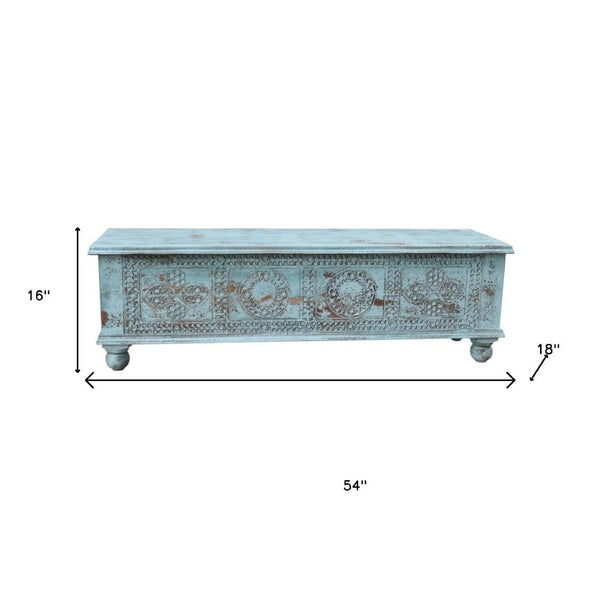 HomeRoots 54" Handcrafted Aqua Lift-Top Coffee Table with Distressed Finish & Ample Storage for Vintage Charm 522820