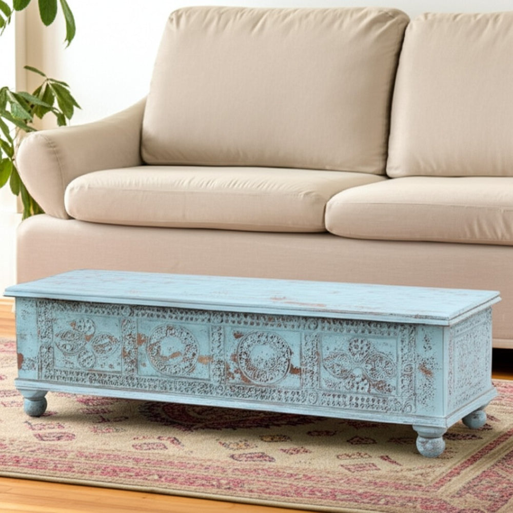 HomeRoots 54" Handcrafted Aqua Lift-Top Coffee Table with Distressed Finish & Ample Storage for Vintage Charm 522820