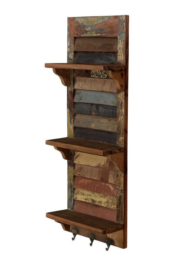 HomeRoots 34" Rustic Reclaimed Wood Wall Shelf with Hooks – Multi-Patina Charm for Entryway & Living Room 522823