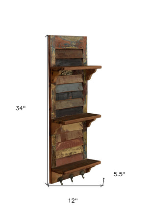 HomeRoots 34" Rustic Reclaimed Wood Wall Shelf with Hooks – Multi-Patina Charm for Entryway & Living Room 522823