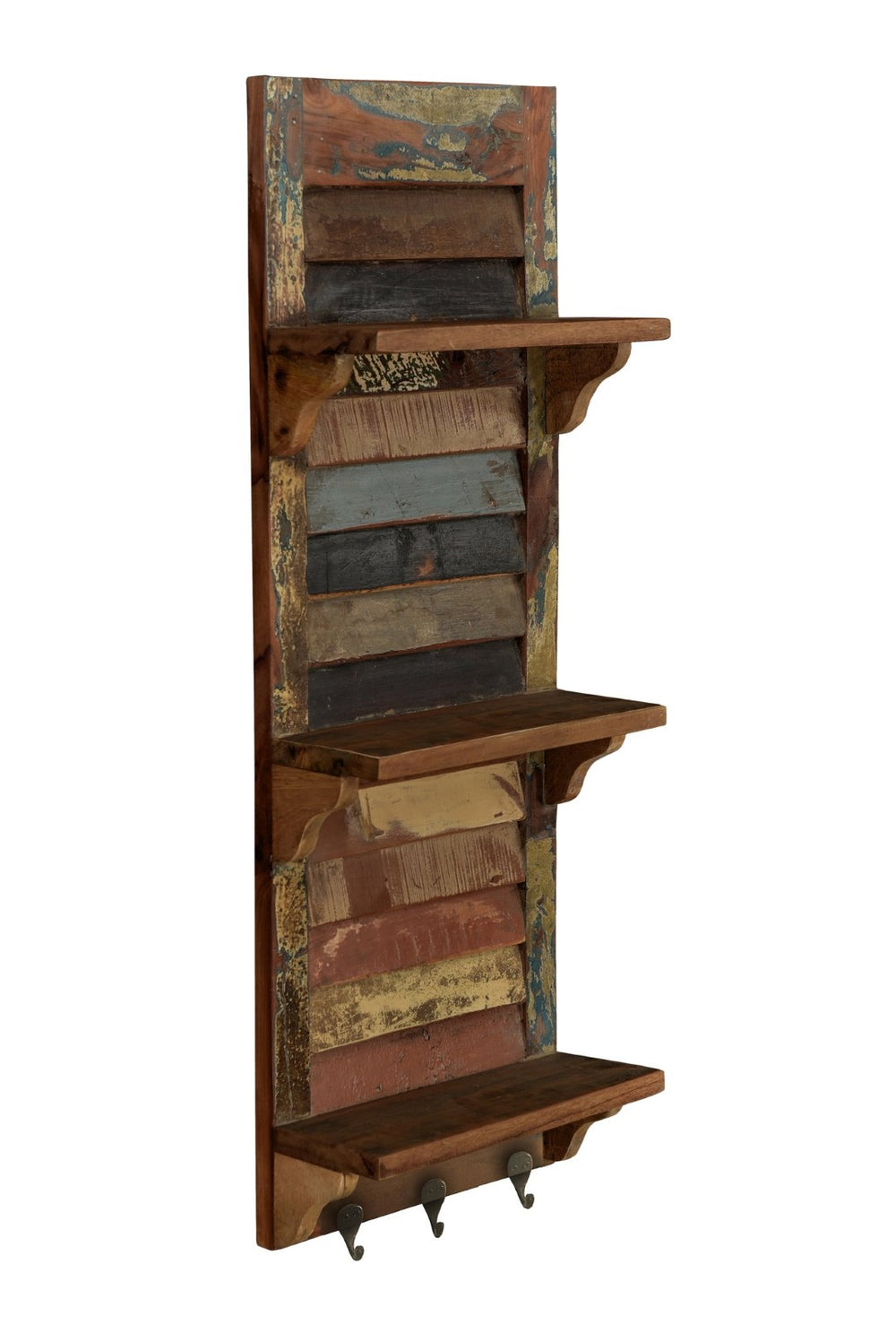 HomeRoots 34" Rustic Reclaimed Wood Wall Shelf with Hooks – Multi-Patina Charm for Entryway & Living Room 522823