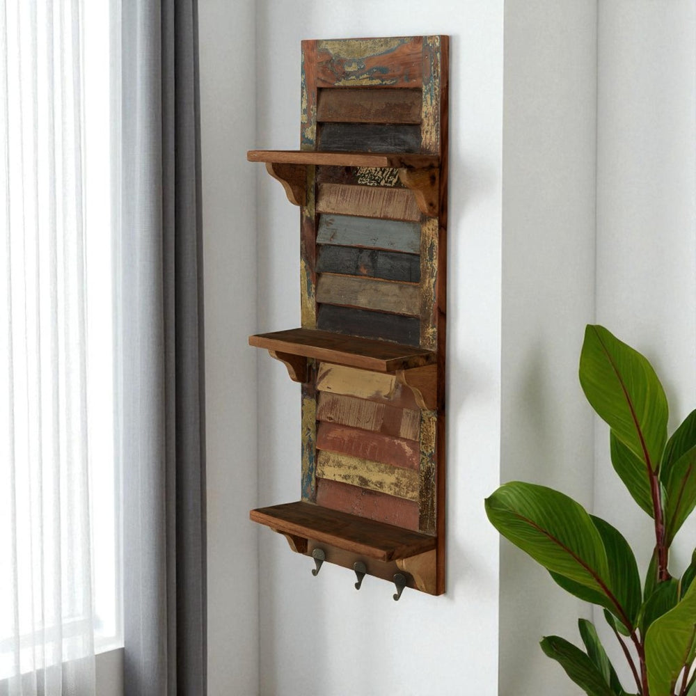 HomeRoots 34" Rustic Reclaimed Wood Wall Shelf with Hooks – Multi-Patina Charm for Entryway & Living Room 522823