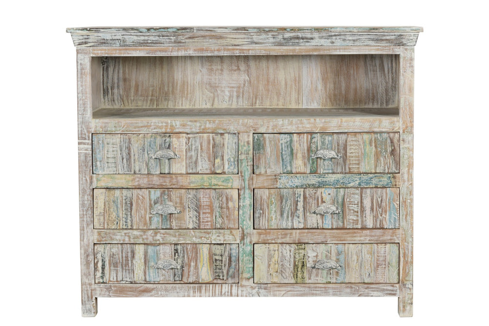 HomeRoots 50" Rustic White Distressed Reclaimed Wood Entertainment Center with Versatile Storage Solutions 522829