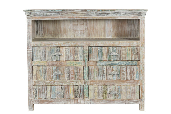 HomeRoots 50" Rustic White Distressed Reclaimed Wood Entertainment Center with Versatile Storage Solutions 522829