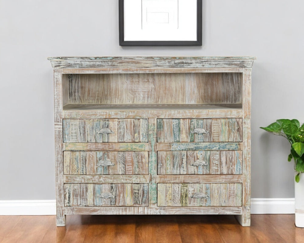 HomeRoots 50" Rustic White Distressed Reclaimed Wood Entertainment Center with Versatile Storage Solutions 522829