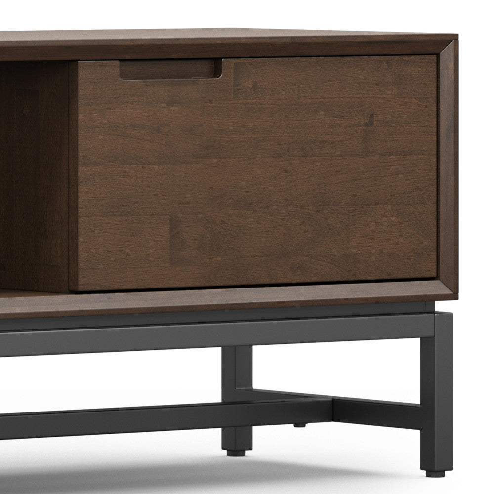 English Elm Banting 72 inch Low TV Stand in Walnut Brown – Solid Rubberwood, Metal Base, Storage, Cord Management B136P203489