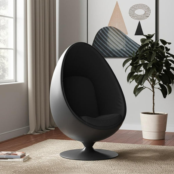 HomeRoots 35" Black Fiberglass Swivel Egg Chair with Wool Upholstery & Pillows for Modern Spaces & Comfort 522846