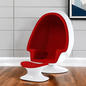 Homeroots 38" White & Red Fiberglass Swivel Egg Chair With Ottoman - Chic Comfort For Modern Living Spaces   522858