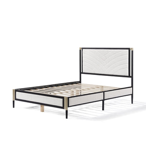 English Elm Christopher Knight Home® - Full size Platform Bed with White Bouclé Headboard, Champagne Silver & Black Frame, Sturdy Slats Support N758D802021B