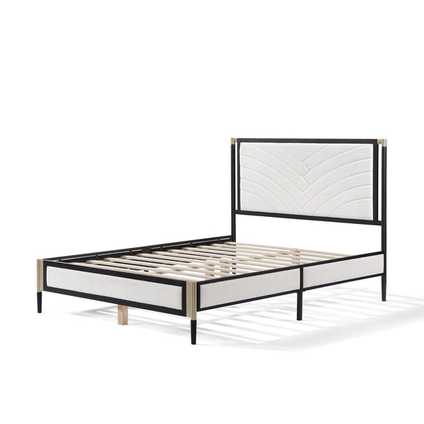 English Elm Christopher Knight Home® - Queen Platform Bed with White Bouclé Headboard, Champagne Silver & Black Frame, Solid Slats, 800lb Support N758D801819B