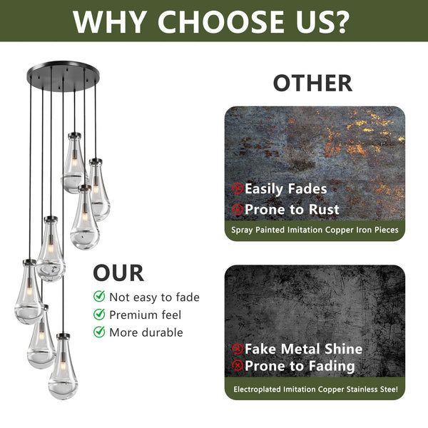 English Elm 7 Modern Raindrop Chandelier with 7 Glass Shades, Adjustable Height Semi-Flush Mount for Dining Room Black W2312P389956