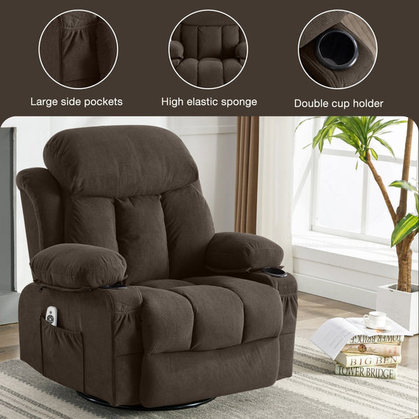 English Elm Swinging Velvet Recliner Chair with Massage Heat Usb Port and 360 Swivel Lounge Seat Brown W1807P298214