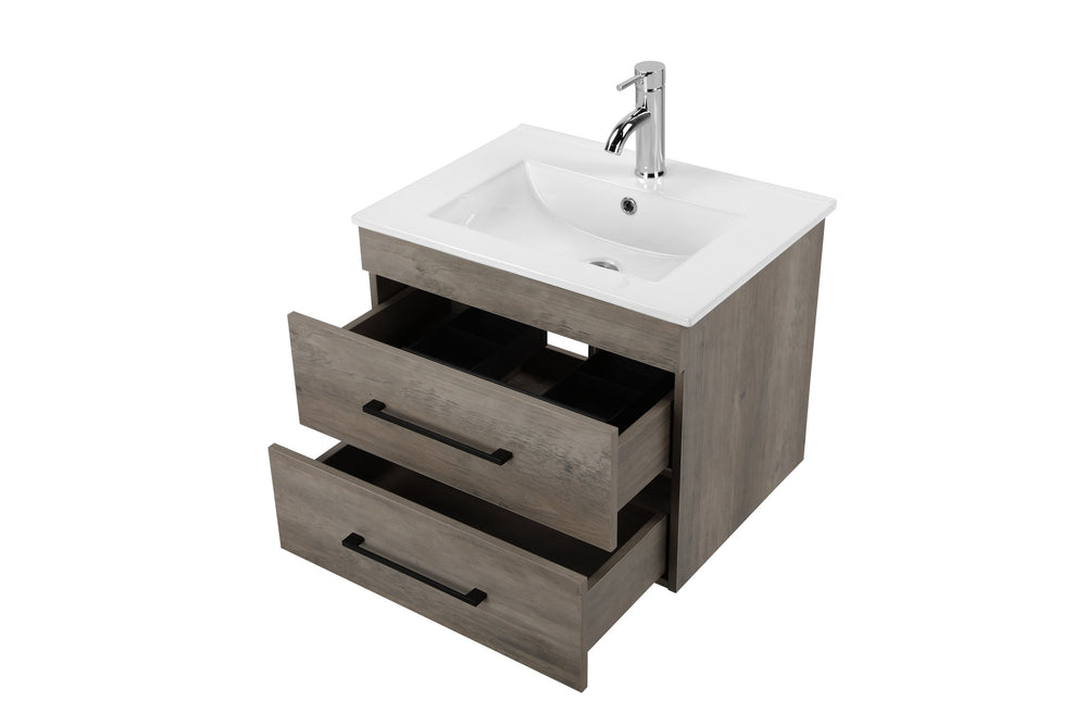 English Elm 24-Inch Modern Grey Wood Grain Wall-Mounted Bathroom Vanity With Soft-Close Drawers & Sink W3151S00014