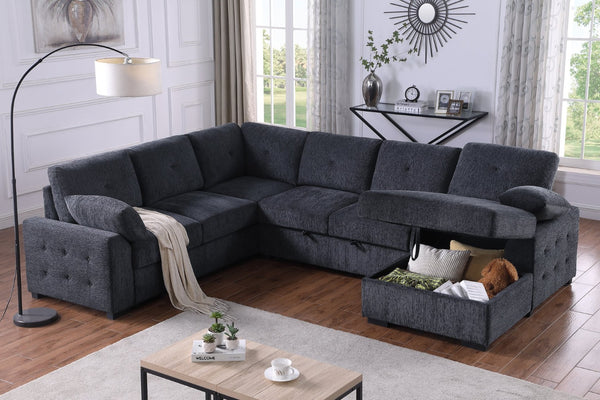 English Elm Multi Functional L Shaped Sectional Sofa with Sleeper and Hidden Storage Chaise Dark Gray B2730S00055