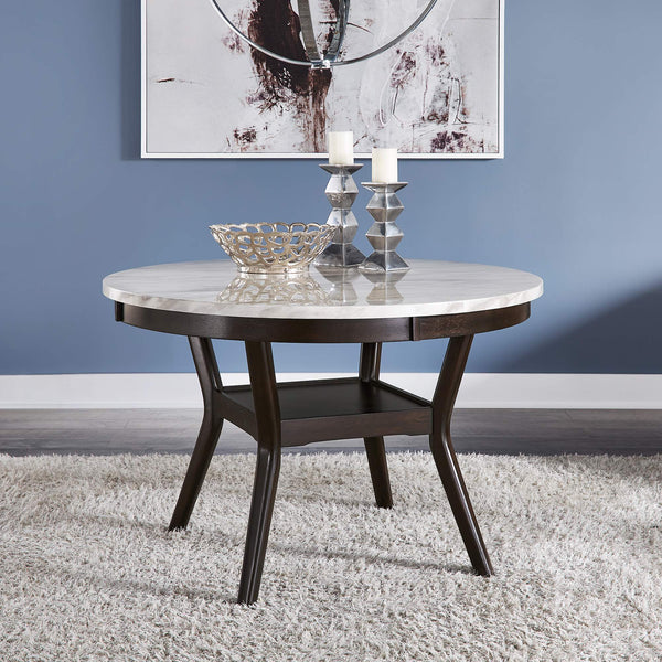 Faux Marble Round Dining Table Seats Six with Espresso Wood Base