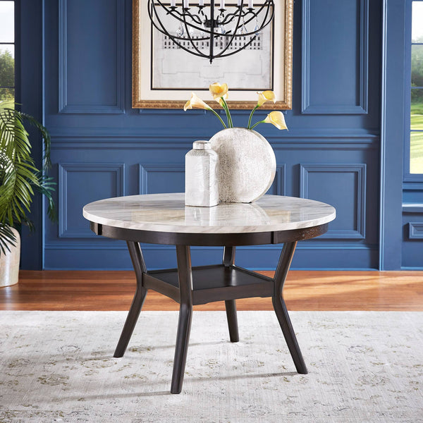 Faux Marble Round Dining Table Seats Six with Espresso Wood Base