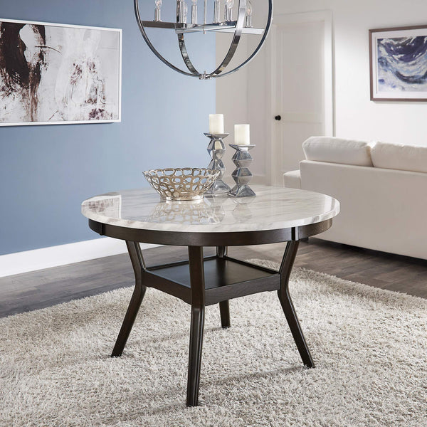 Faux Marble Round Dining Table Seats Six with Espresso Wood Base
