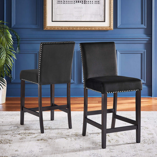 Banford Velvet Nailhead Counter Height Stool Set with Rubberwood Legs for Kitchen Bar